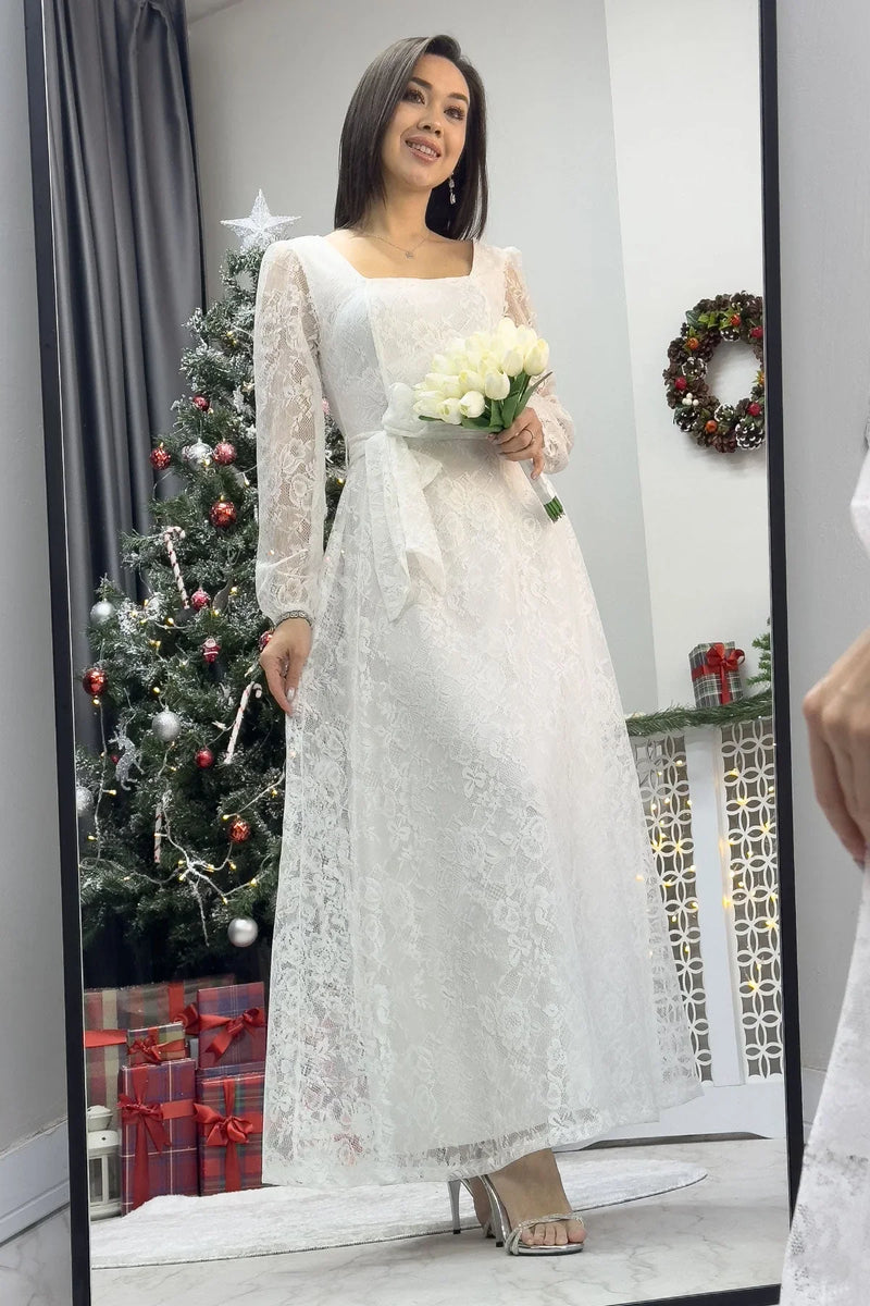 Kadın Beyaz Midi Dantel Elbise - the ZKS