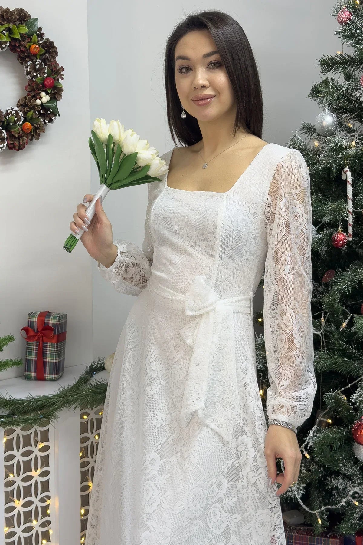 Kadın Beyaz Midi Dantel Elbise - the ZKS