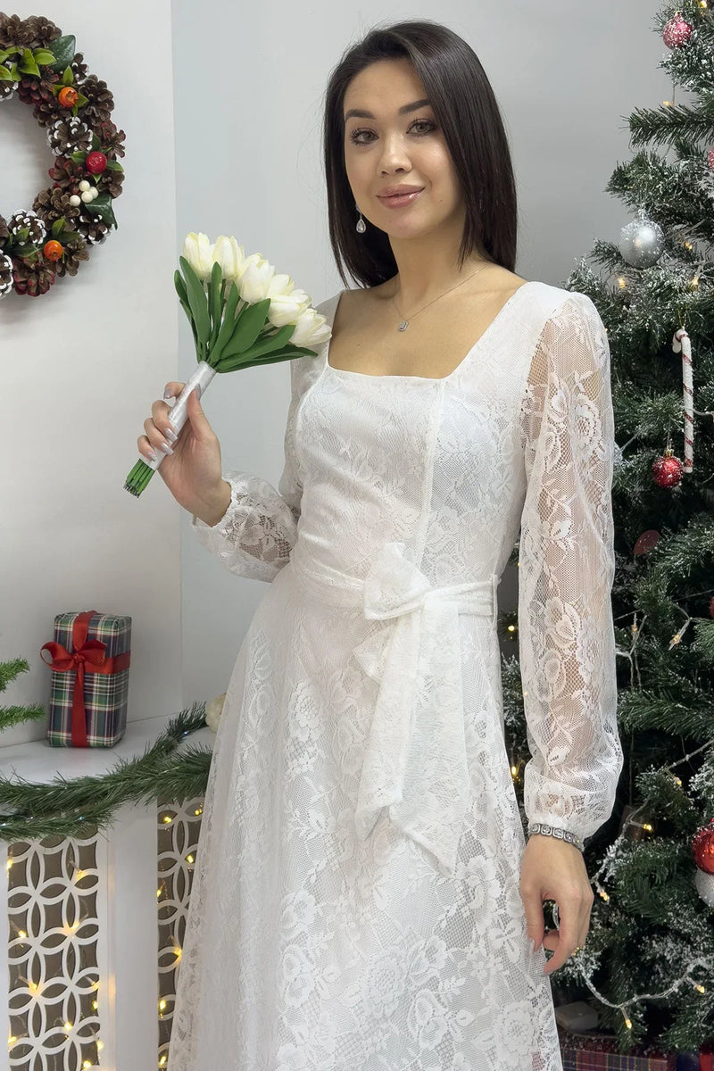 Kadın Beyaz Midi Dantel Elbise - the ZKS