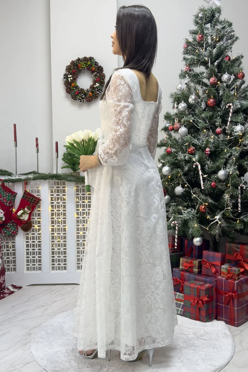 Kadın Beyaz Midi Dantel Elbise - the ZKS