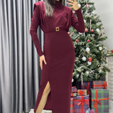 Kadın Bordo Omuz Vatkalı Midi Elbise