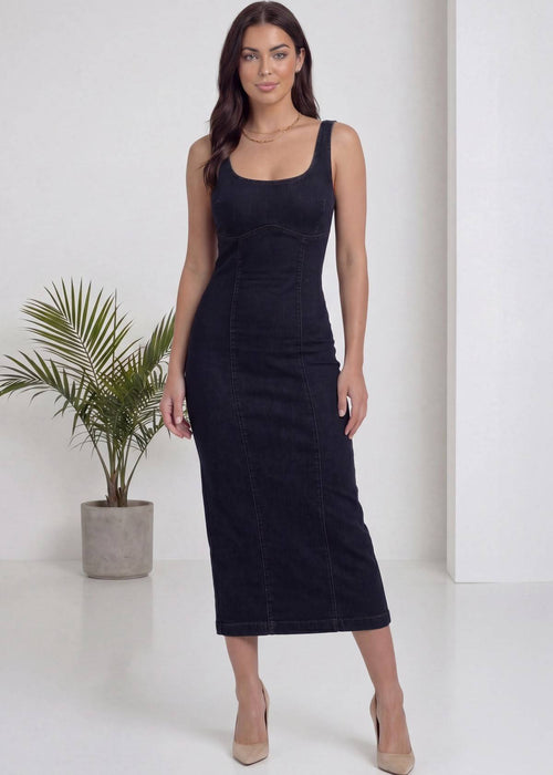 Kadın Kare Yaka Askılı Kot Midi Elbise