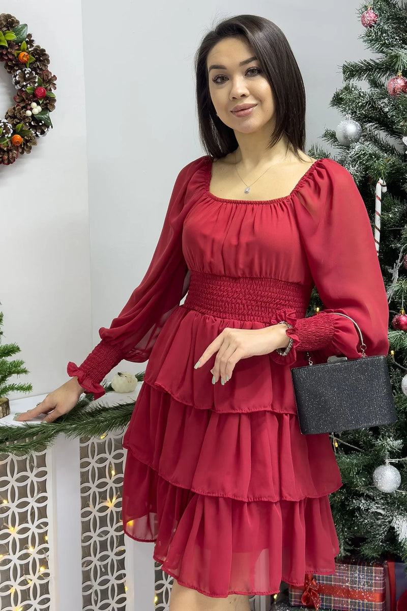 Kadın Kırmızı Uzun Kollu Gipeli Fırfır Etek Şifon Elbise - the ZKS