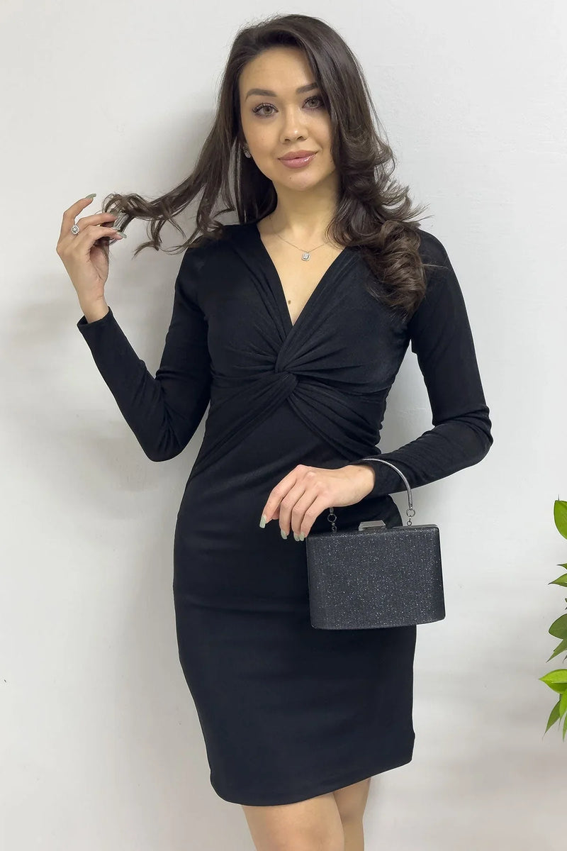 Kadın Kısa Siyah Kruvaze Yaka Ön Büzgü Detay Uzun Kol Elbise - the ZKS