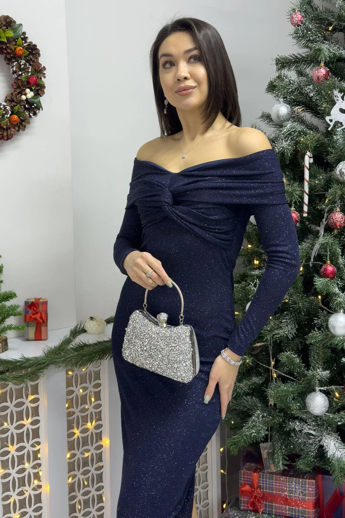 Kadın Lacivert Madonna Yaka Midi Simli Elbise - the ZKS