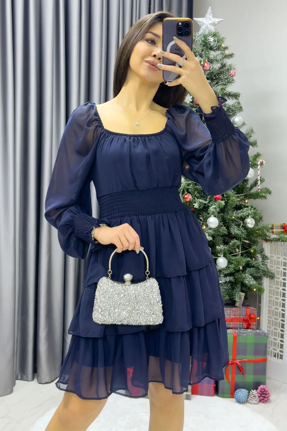 Kadın Lacivert Uzun Kollu Gipeli Fırfır Etek Şifon Elbise - the ZKS