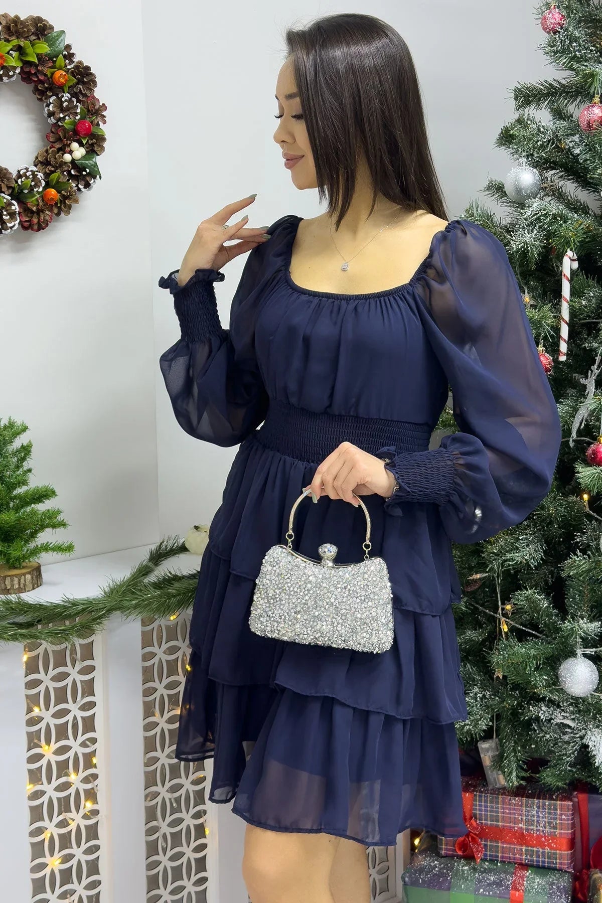 Kadın Lacivert Uzun Kollu Gipeli Fırfır Etek Şifon Elbise - the ZKS