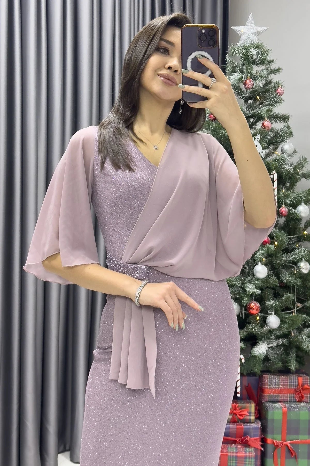 Kadın Lila Taş Detaylı Volan Kol Simli Abiye Elbise - the ZKS