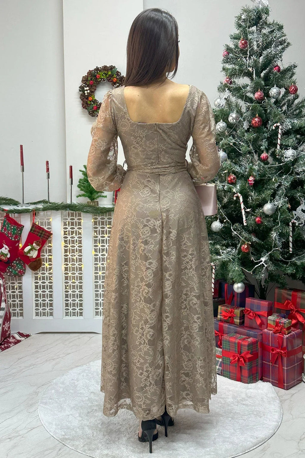 Kadın Mocha Mousse Bej Midi Dantel Elbise - the ZKS