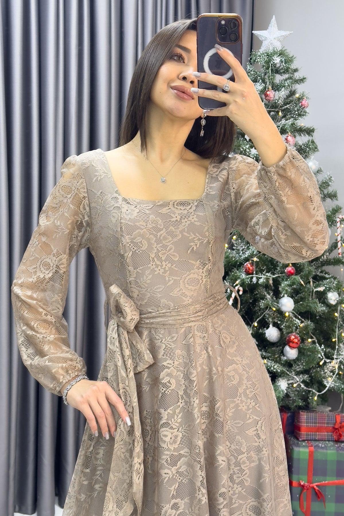 Kadın Mocha Mousse Bej Midi Dantel Elbise - the ZKS