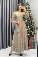 Kadın Mocha Mousse Bej Midi Dantel Elbise - the ZKS