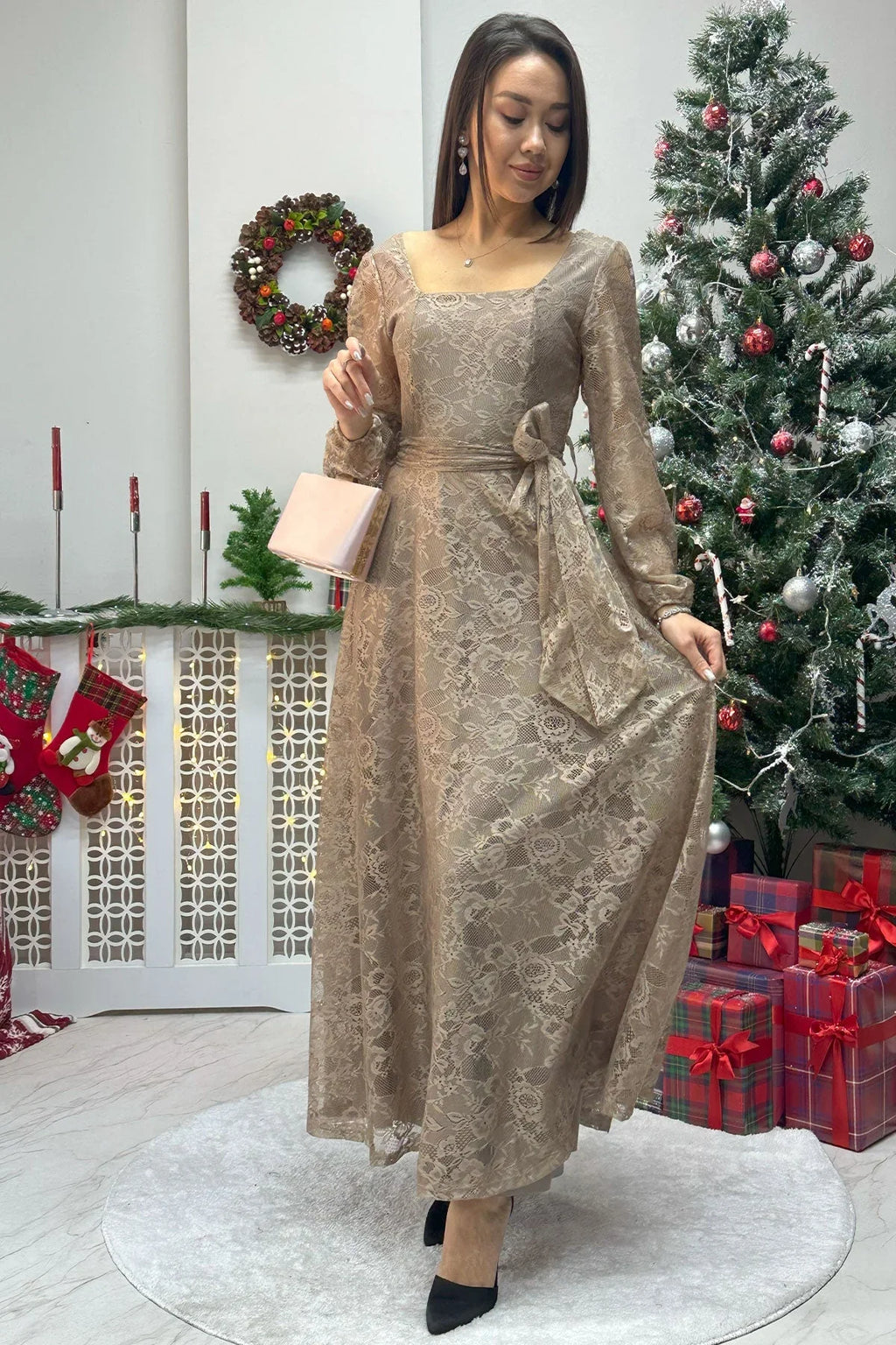 Kadın Mocha Mousse Bej Midi Dantel Elbise - the ZKS