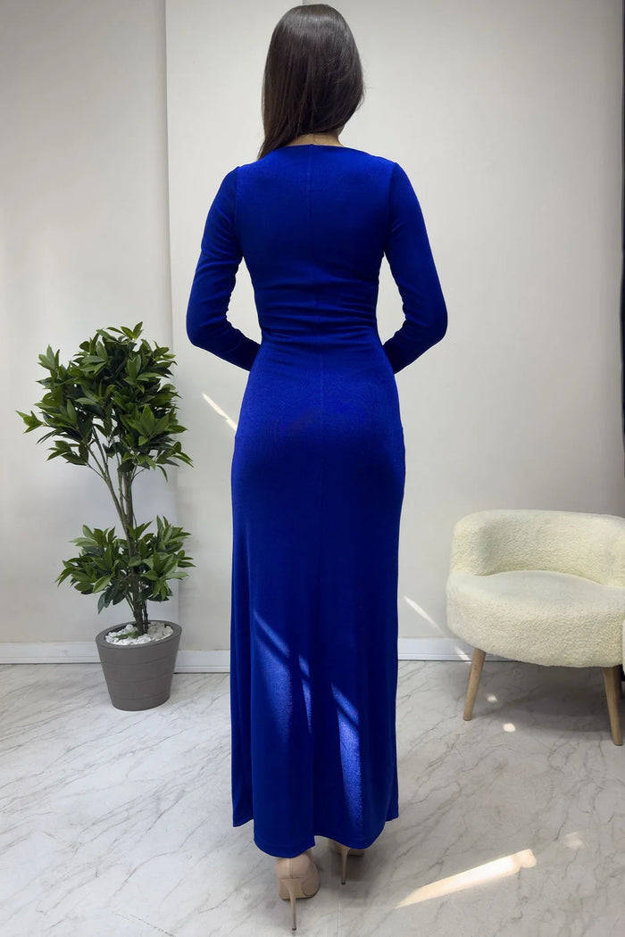 Kadın Saks Kruvaze Yaka Ön Büzgü Detay Uzun Kol Elbise - the ZKS