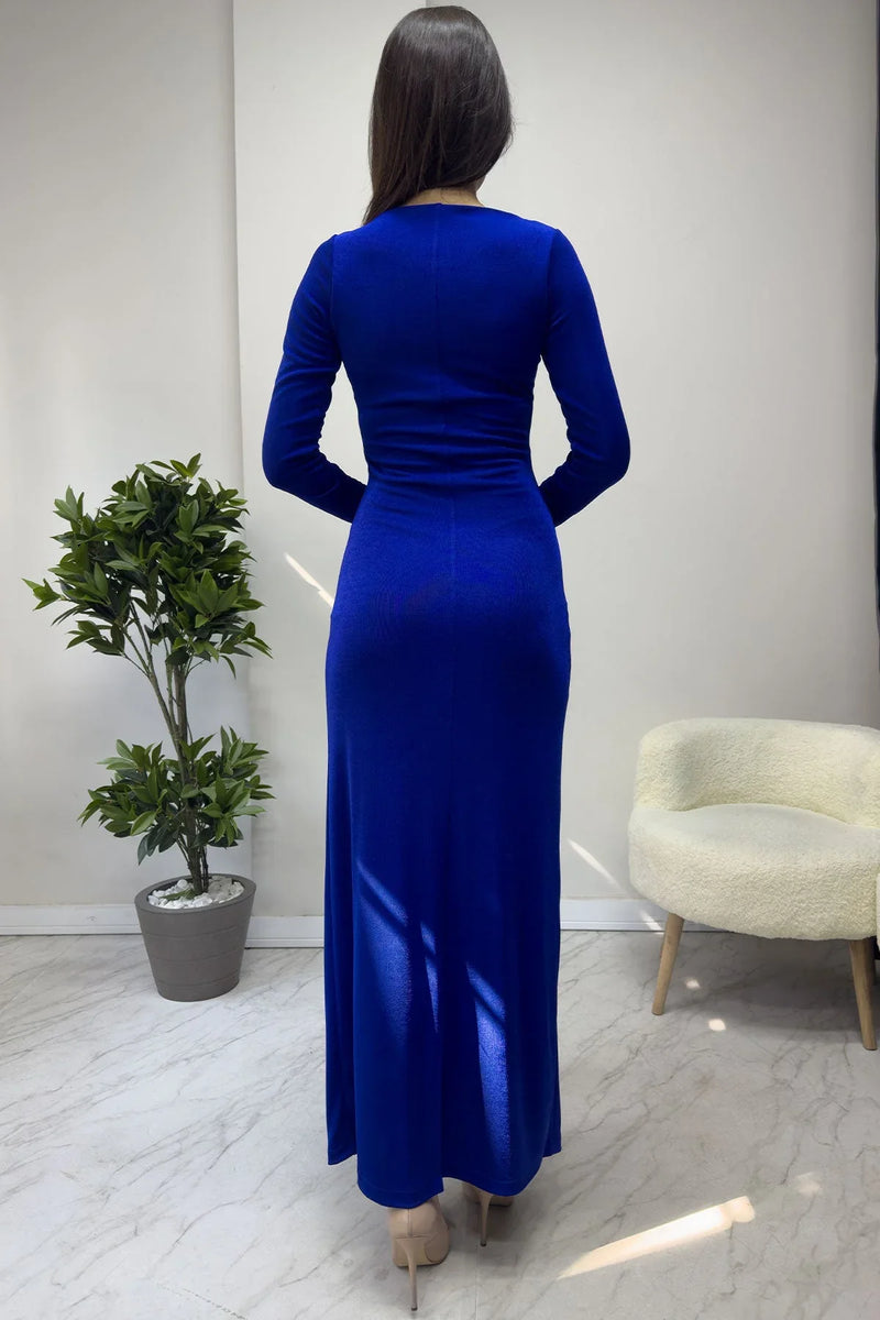 Kadın Saks Kruvaze Yaka Ön Büzgü Detay Uzun Kol Elbise - the ZKS