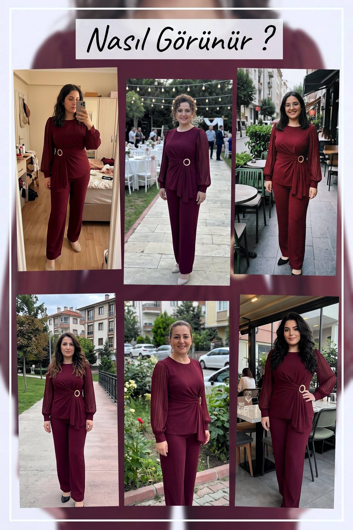 Bordo Şifon Kollu Aksesuar Detaylı Büyük Beden Takım