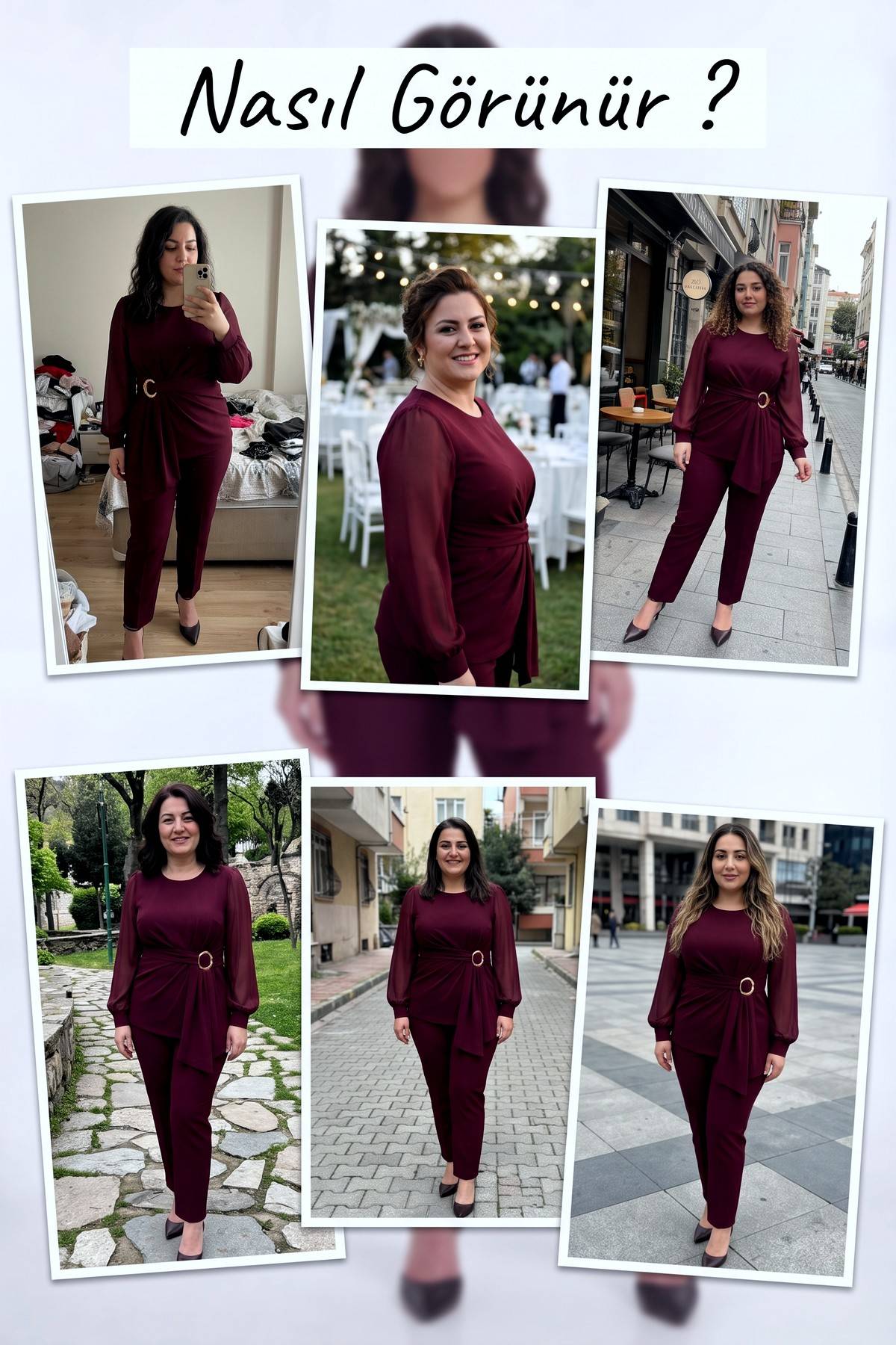 Bordo Şifon Kollu Aksesuar Detaylı Büyük Beden Takım