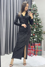 Kadın Siyah Drapeli Kadife Midi Boy Kalem Elbise - the ZKS