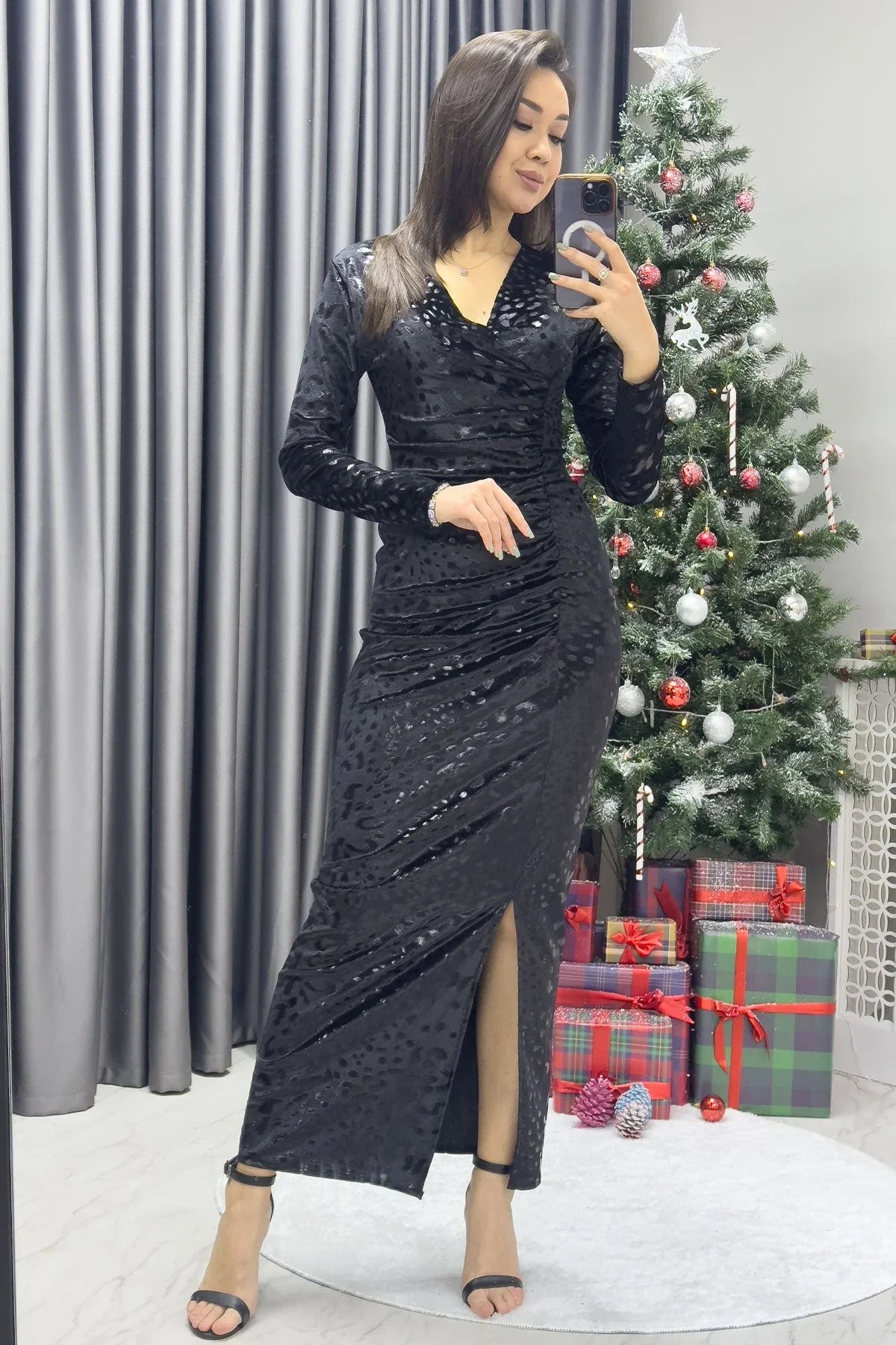 Kadın Siyah Drapeli Kadife Midi Boy Kalem Elbise - the ZKS