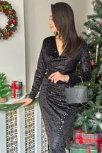 Kadın Siyah Drapeli Kadife Midi Boy Kalem Elbise - the ZKS