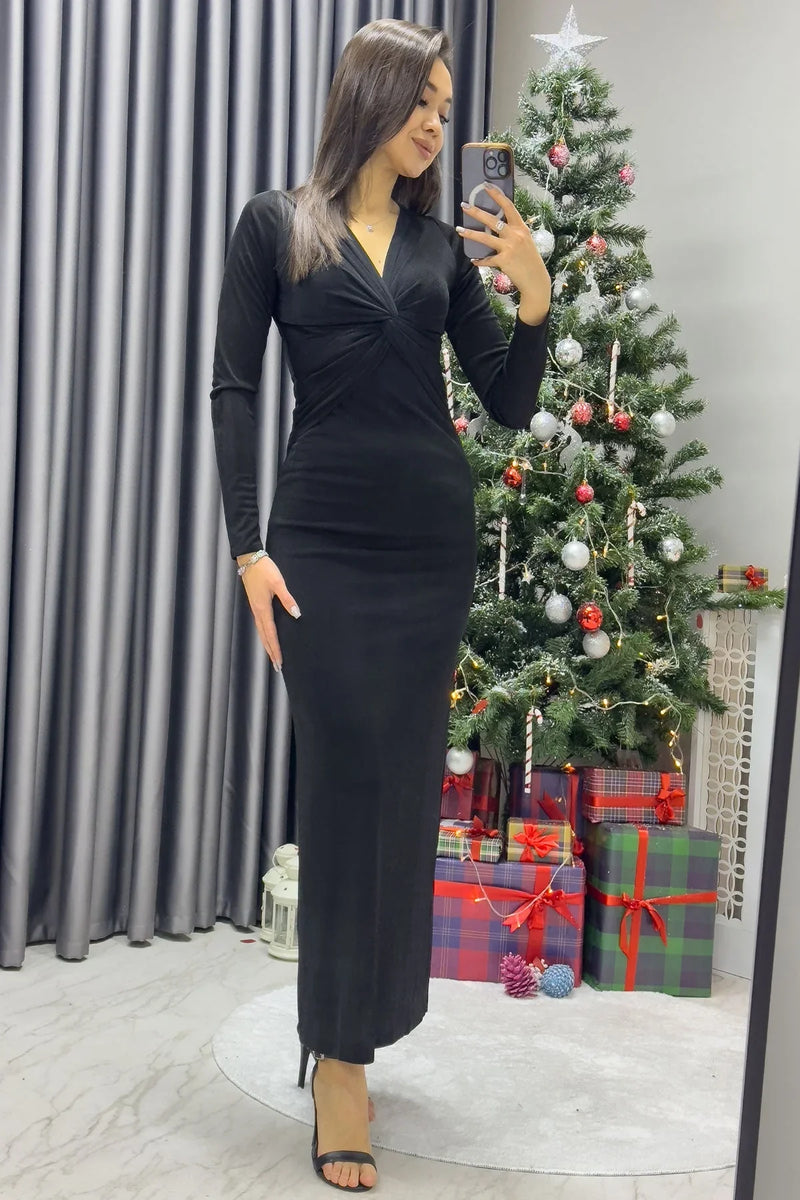 Kadın Siyah Kruvaze Yaka Ön Büzgü Detay Uzun Kol Elbise - the ZKS