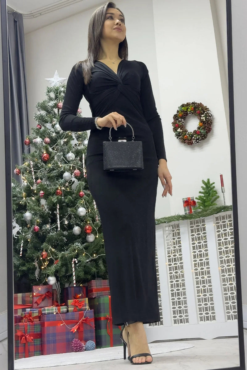 Kadın Siyah Kruvaze Yaka Ön Büzgü Detay Uzun Kol Elbise - the ZKS