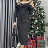 Kadın Siyah Madonna Yaka Midi Simli Elbise