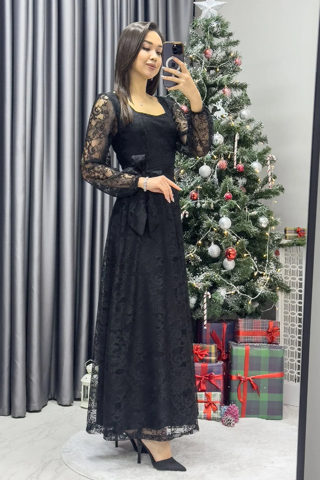 Kadın Siyah Midi Dantel Elbise - the ZKS