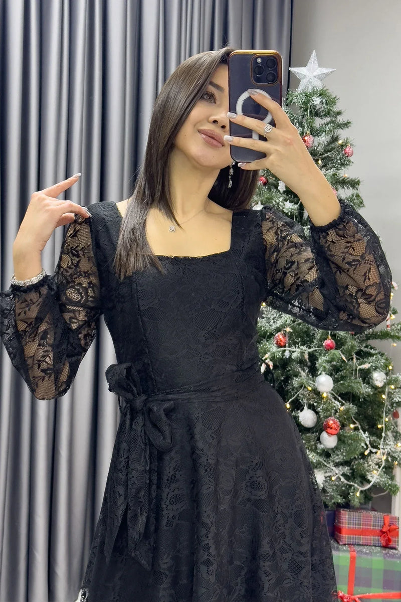 Kadın Siyah Midi Dantel Elbise - the ZKS