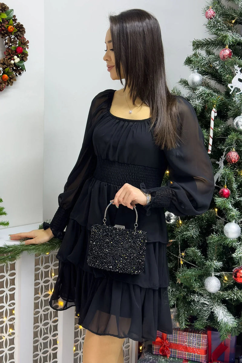 Kadın Siyah Uzun Kollu Gipeli Fırfır Etek Şifon Elbise - the ZKS