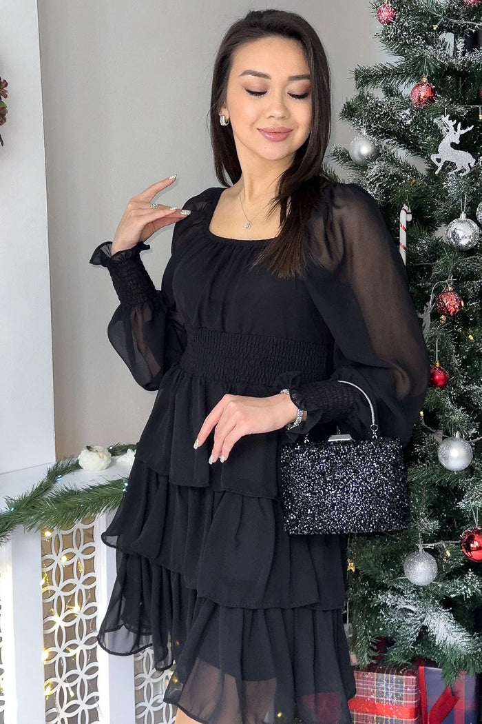 Kadın Siyah Uzun Kollu Gipeli Fırfır Etek Şifon Elbise - the ZKS