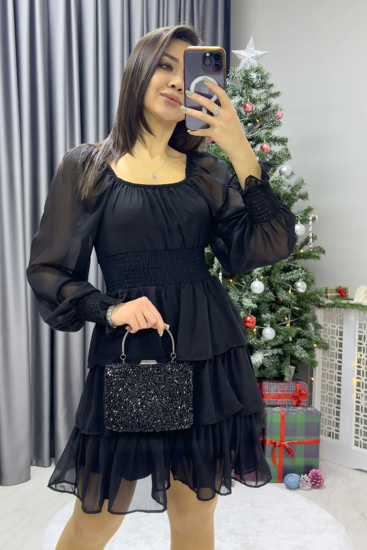 Kadın Siyah Uzun Kollu Gipeli Fırfır Etek Şifon Elbise - the ZKS