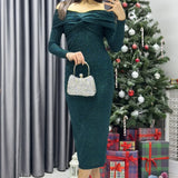 Kadın Zümrüt Yeşili Madonna Yaka Midi Simli Elbise