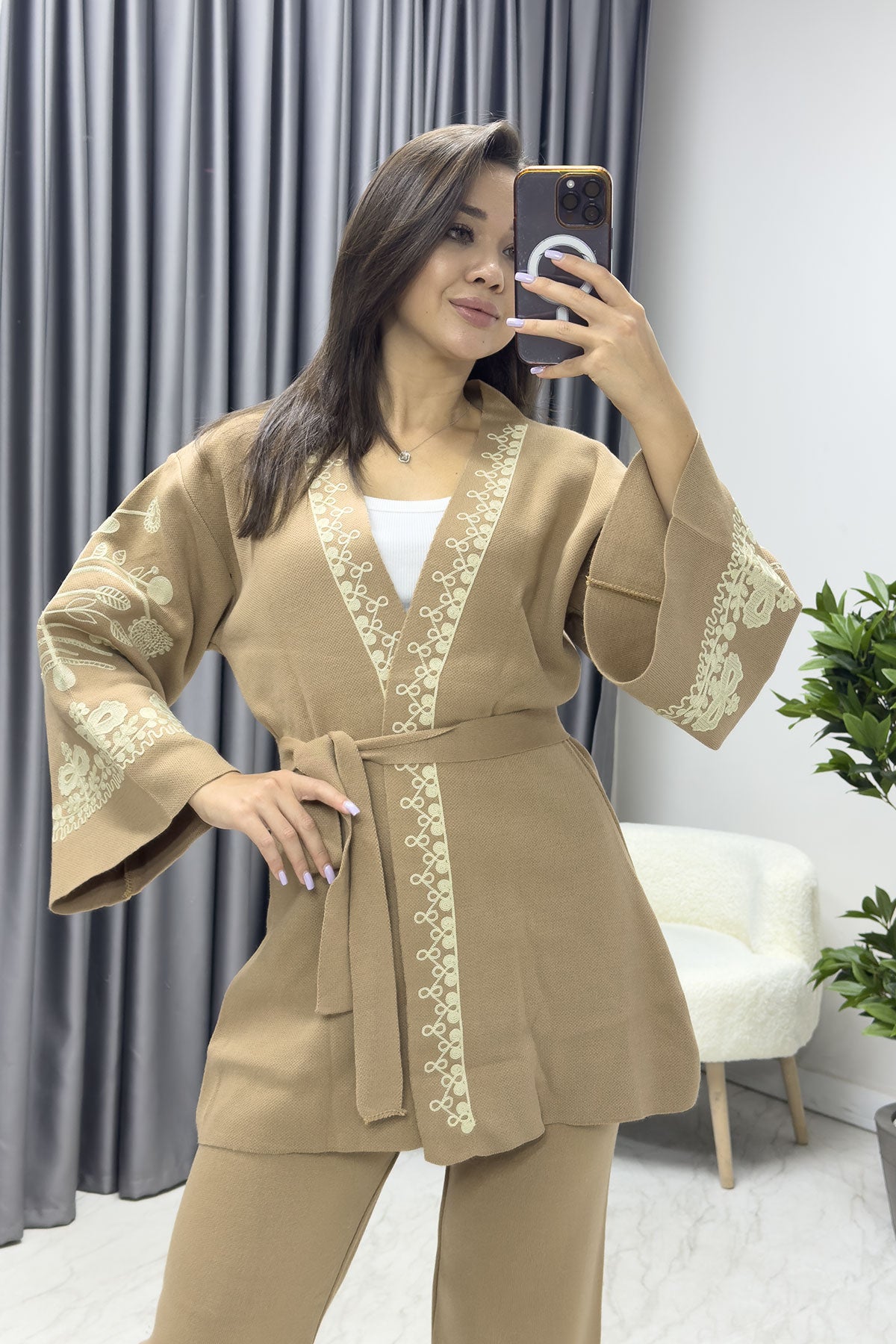 Kahve Nakışlı Etnik Desen Kimona Pantolon İkili Takım