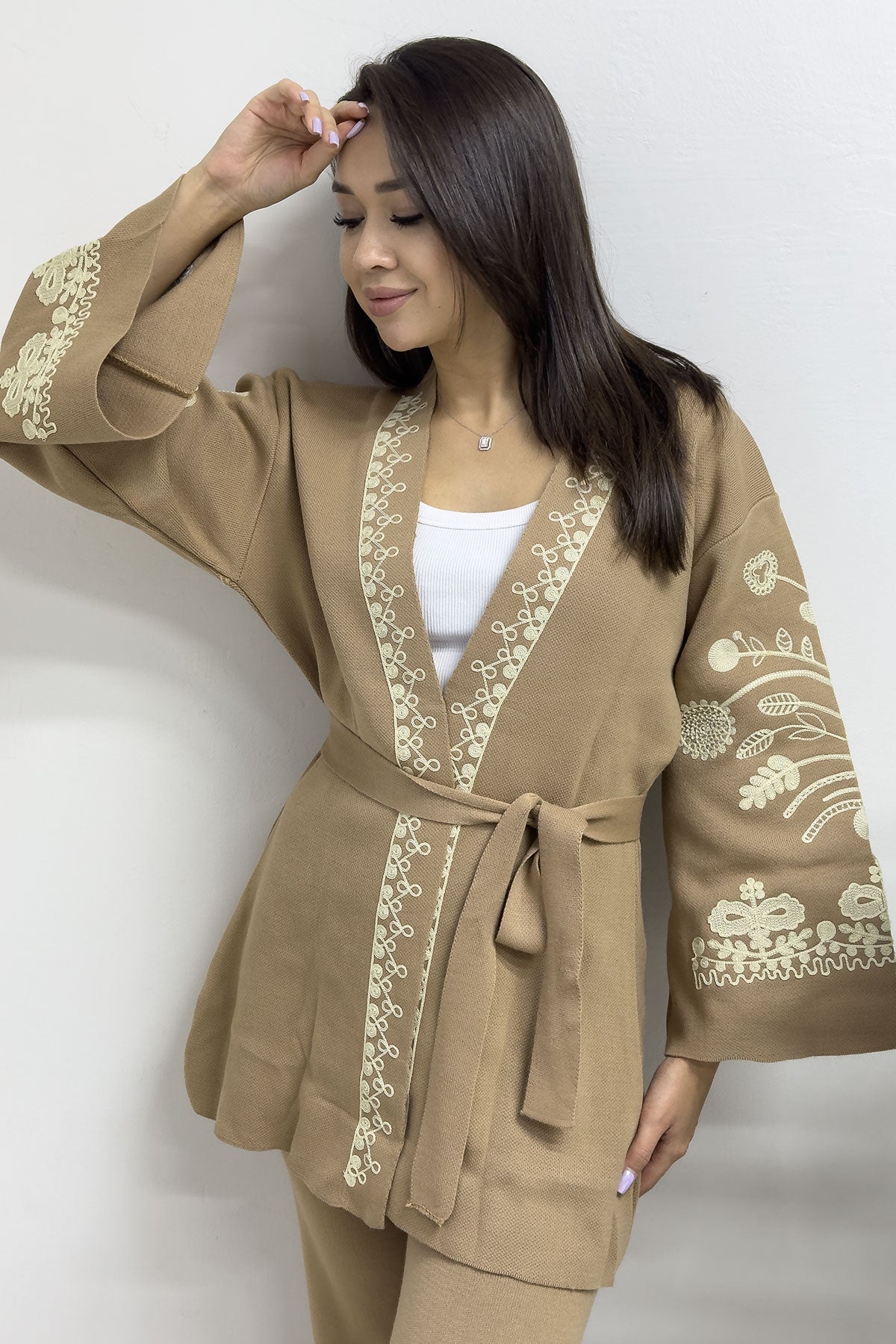 Kahve Nakışlı Etnik Desen Kimona Pantolon İkili Takım