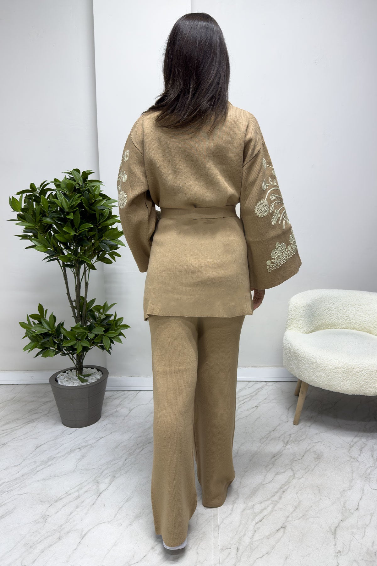 Kahve Nakışlı Etnik Desen Kimona Pantolon İkili Takım