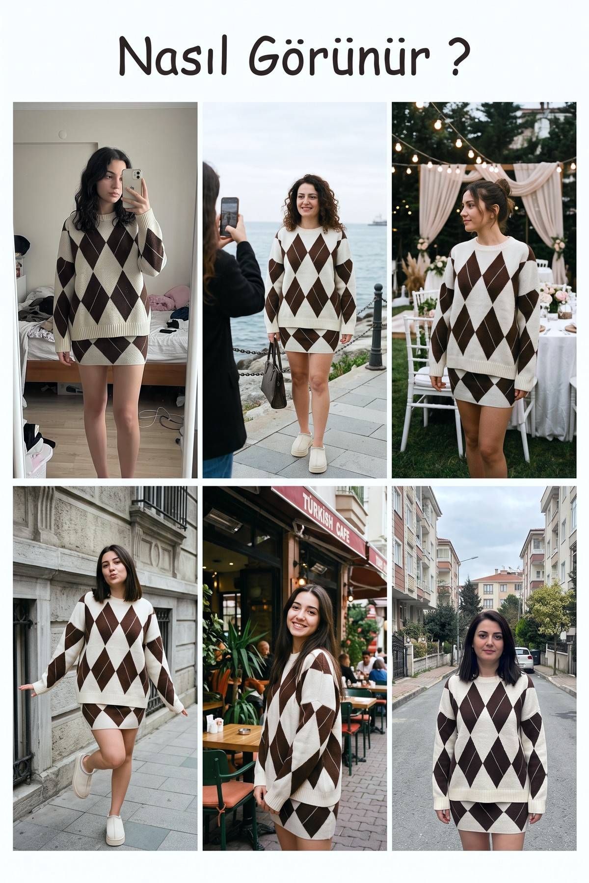 Kahverengi baklava desenli oversize kazak ve mini etek ikili takımın farklı modellerle kombinleri