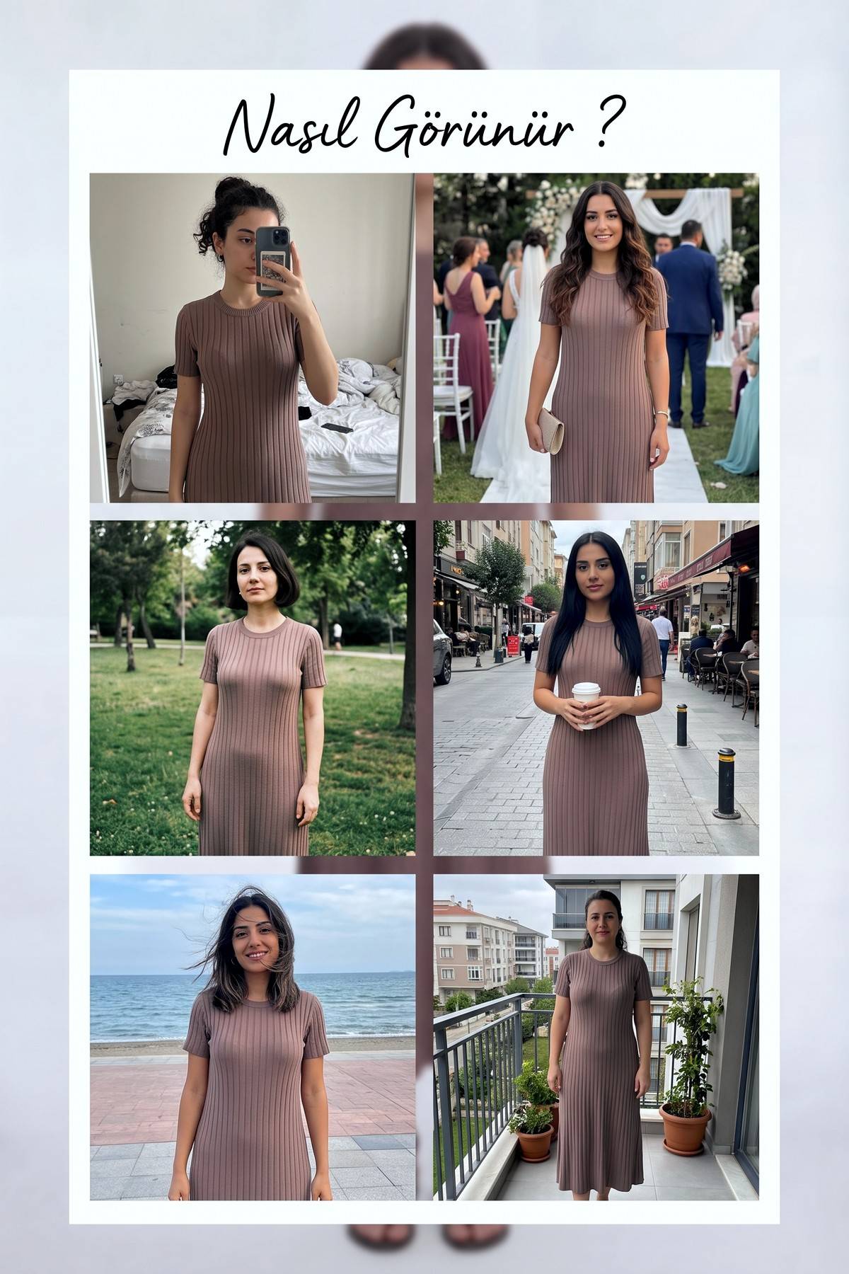 Farklı ortamlarda The ZKS kahverengi triko midi elbise giymiş modellerin kolajı.