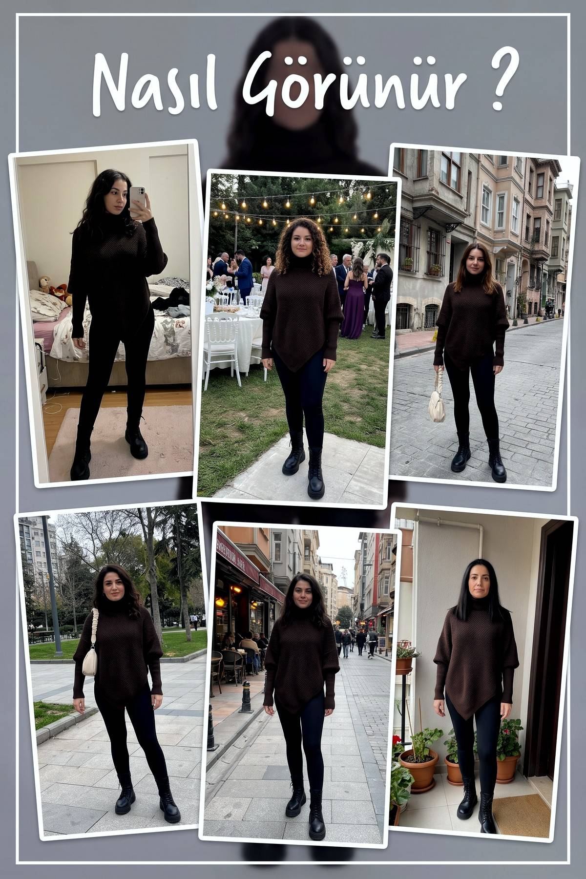 Farklı mekanlarda The ZKS kahverengi boğazlı asimetrik kazağın kullanımını gösteren kolaj görsel.
