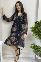 Kahverengi Çiçekli Kruvaze Yaka Şifon Büyük Beden Kısa Elbise - the ZKS