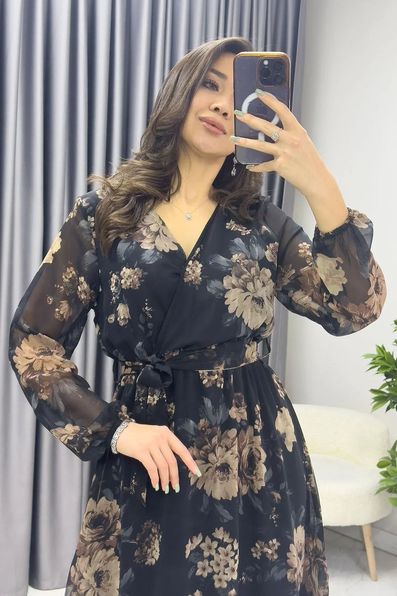 Kahverengi Çiçekli Kruvaze Yaka Şifon Büyük Beden Kısa Elbise - the ZKS