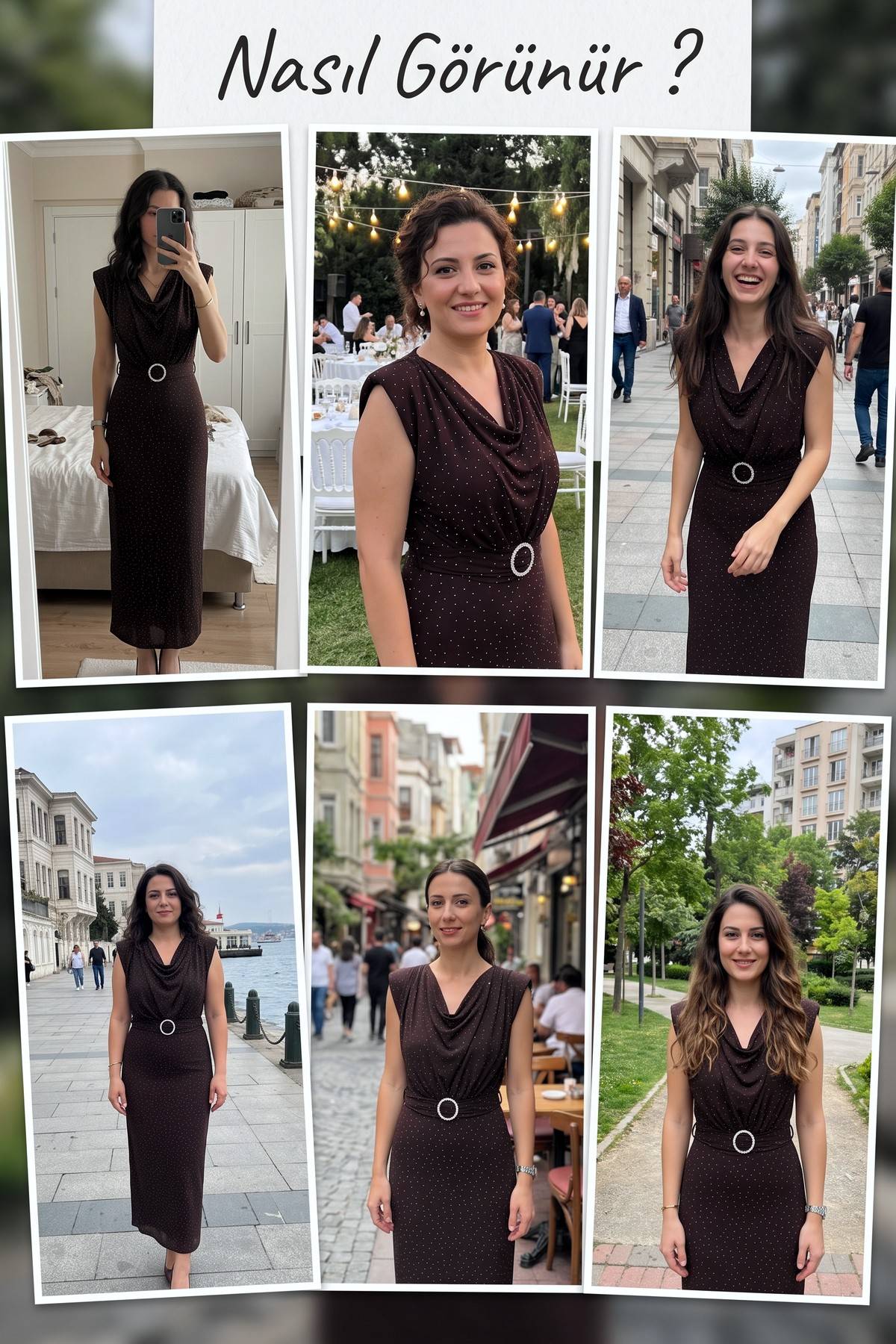 Farklı mekanlarda The ZKS kahverengi degaje yaka taşlı midi elbise kombini