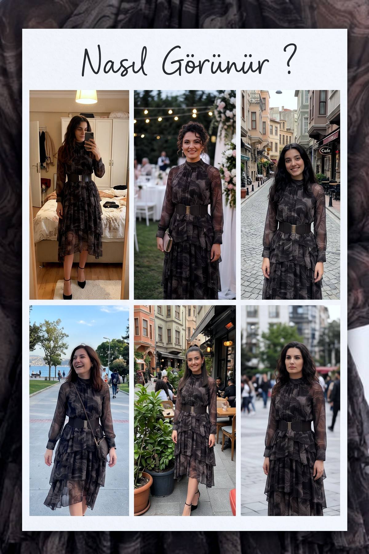 The ZKS desenli kahverengi midi elbise, farklı mekanlarda kombinlenmiş stil önerileri içeren kolaj