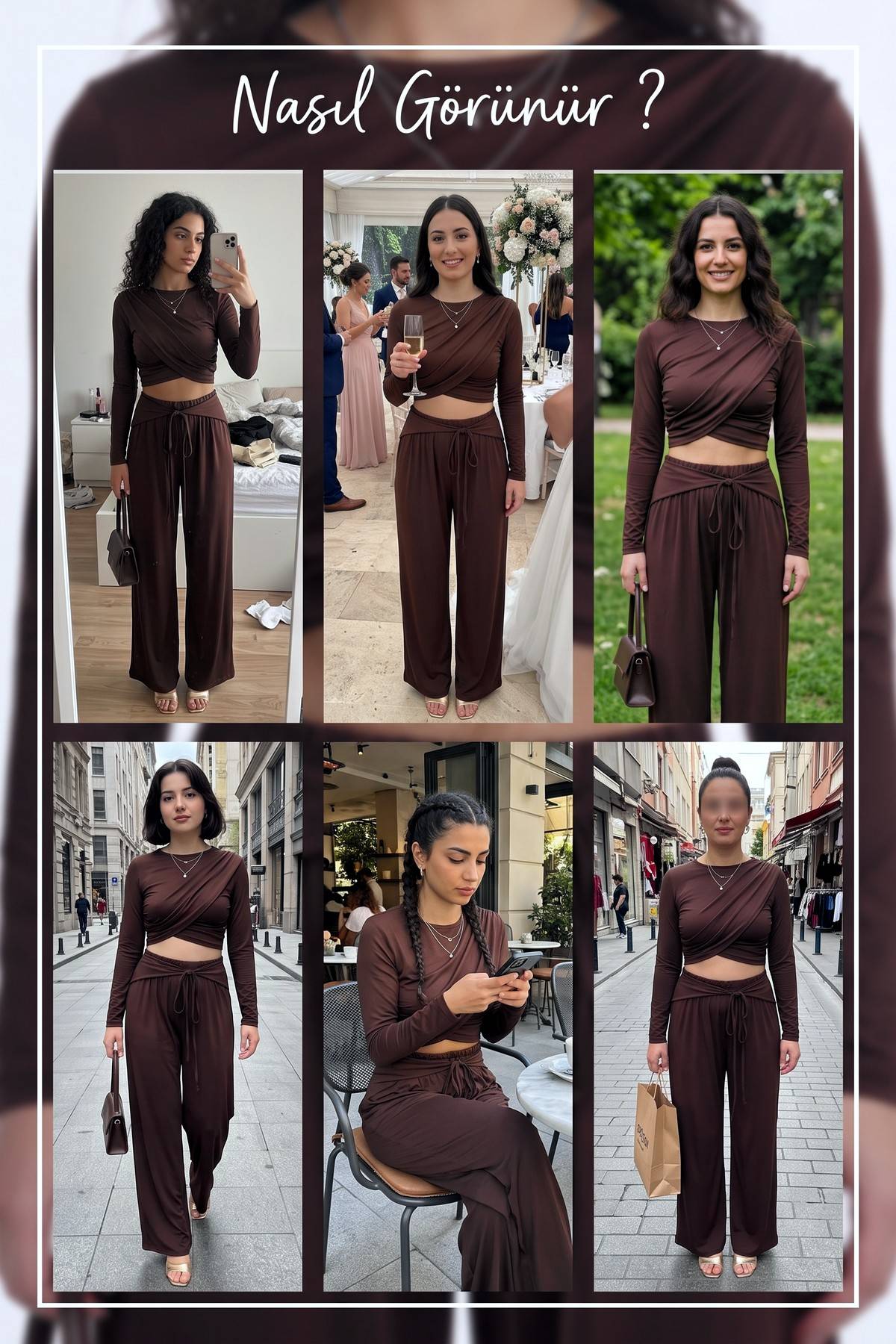 Kahverengi drapeli crop bluz ve bağlama detaylı geniş paça pantolon takımı, farklı kombinler