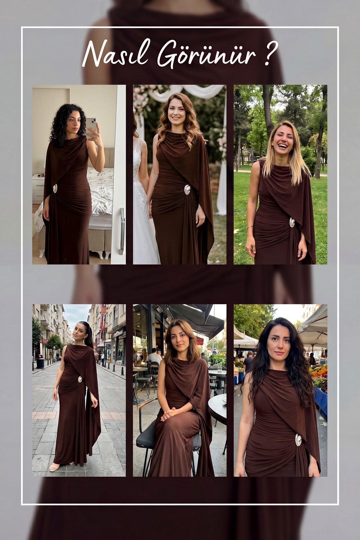 Farklı modellerde The ZKS kahverengi tek omuz pelerinli broşlu maxi abiye elbise kombinleri
