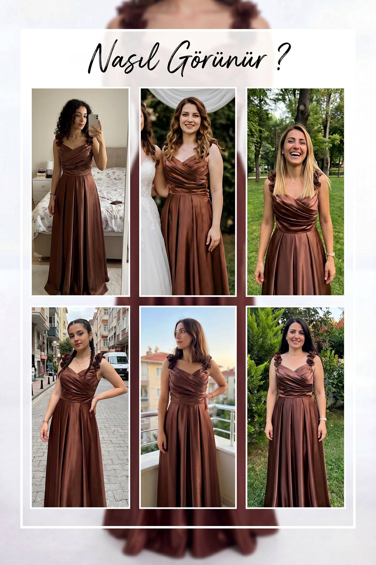 Farklı modellerin The ZKS kahverengi abiye elbiseyi giydiği kolaj görsel, farklı mekanlarda çekilmiş çekimleri
