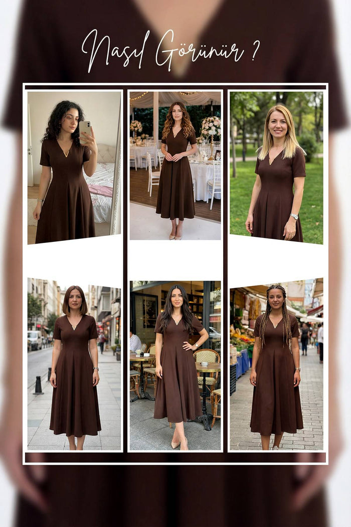 Kahverengi kısa kol v yaka pileli günlük için elbise deneme 