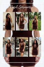 Kahverengi dantel detay degaje yaka mini elbise halter deneme 
