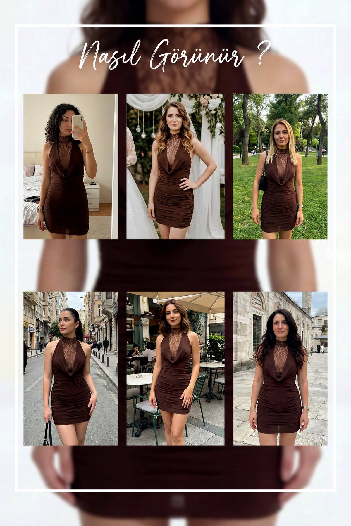 Kahverengi dantel detay degaje yaka mini elbise halter deneme 
