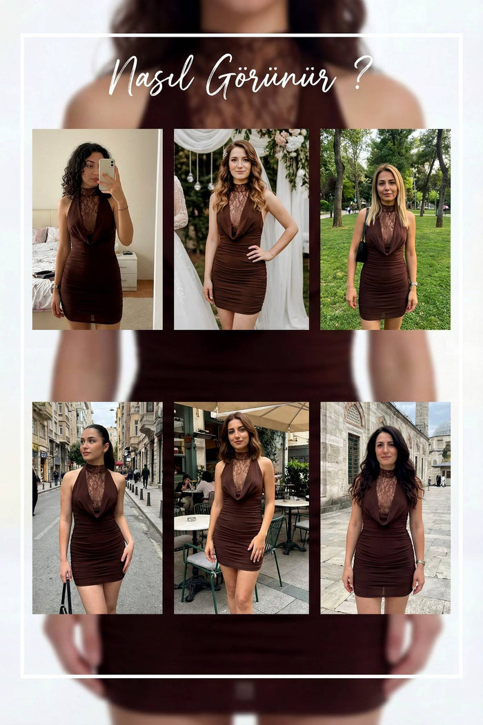 Kahverengi Dantel Detaylı Degaje Yaka Mini Elbise
