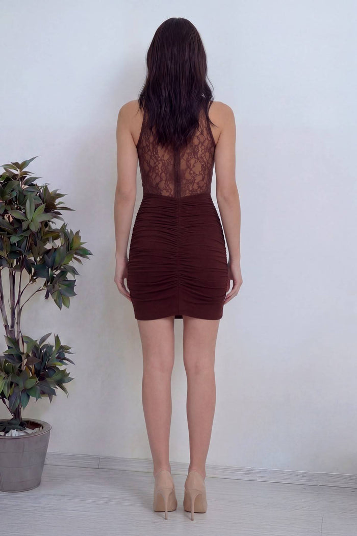 Kahverengi Dantel Detaylı Degaje Yaka Mini Elbise
